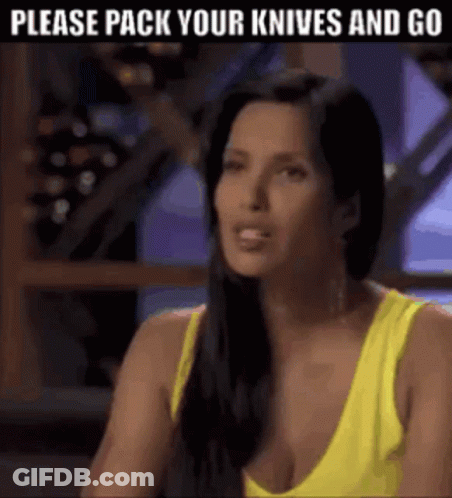 Woman In Yellow Tank Top Saying Please Pack Your Knives And Go GIF