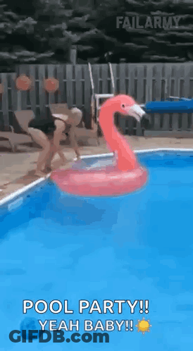 Woman Jumping Into Pool With Flamingo Float GIF