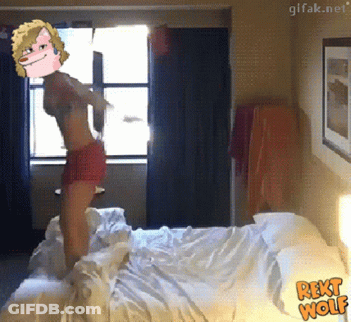 Woman Jumping On Bed With Rekt Wolf GIF