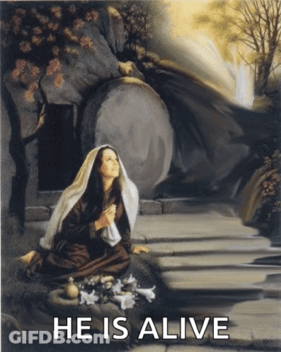 Woman Kneeling At Tomb Saying He Is Alive GIF