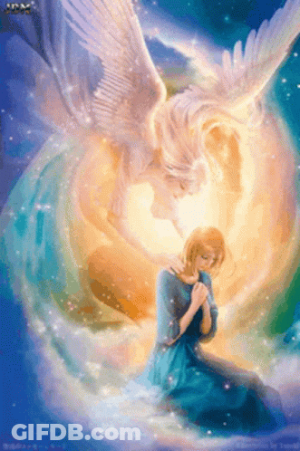 Woman Kneeling Before Angel With Wings GIF
