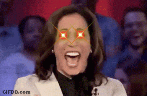 Woman Laughing In Front Of Crowd With Red Eyes GIF