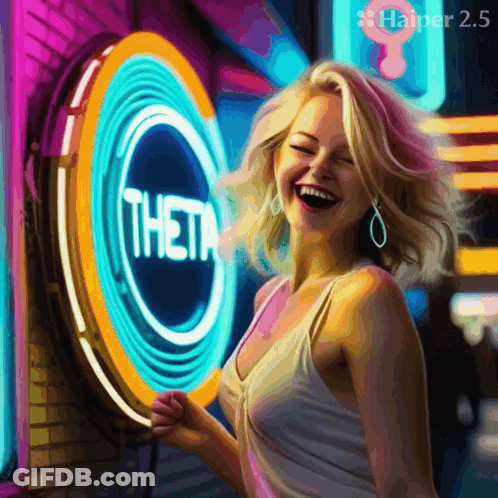 Woman Laughing In Front Of Neon Theta Sign GIF