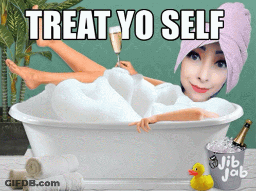 Woman Laying In Bathtub Holding Champagne Treat Yo Self GIF