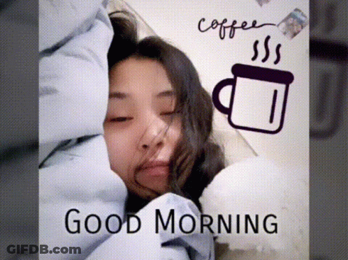 Woman Laying In Bed With Coffee Saying Good Morning GIF