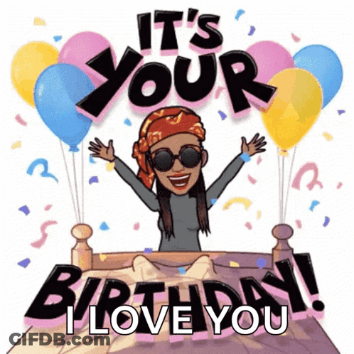 Woman Laying On Bed With Balloons Saying It's Your Birthday GIF