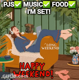 Woman Laying On Couch With Laptop And Dog Saying Happy Weekend GIF