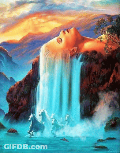 Woman Laying Under Waterfall With Horses GIF