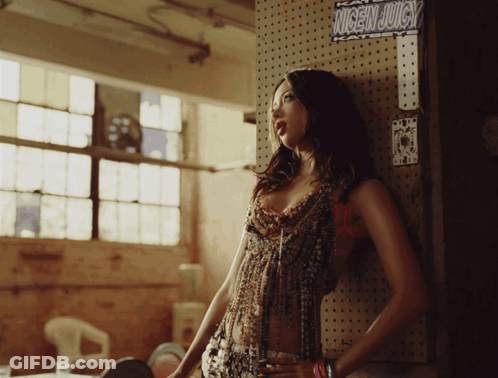 Woman Leaning Against Wall With Nicen Juicy Sign GIF