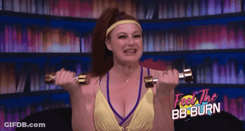 Woman Lifting Dumbbells Saying Feel The BB Burn GIF