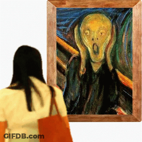 Woman Looking At Framed Screaming Face GIF