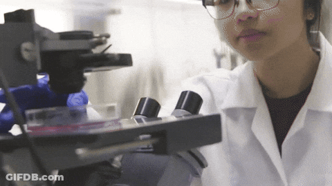 Woman Looking Through Microscope In Lab Coat GIF