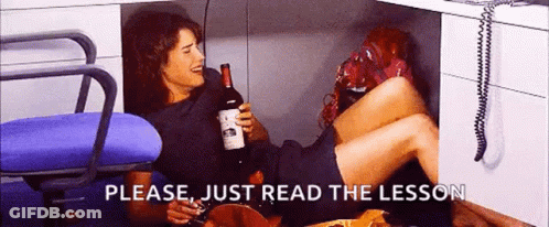 Woman Lying Holding Wine Saying Please Just Read Lesson GIF