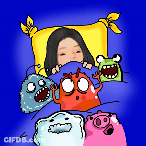 Woman Lying In Bed Surrounded By Monsters GIF