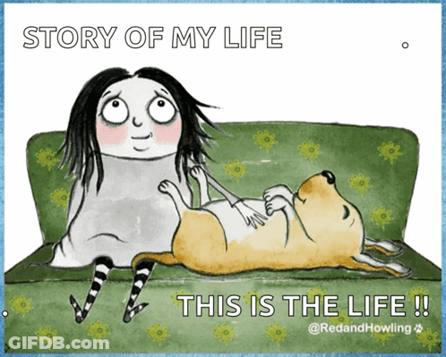 Woman Lying On Couch Next To Dog Story Of My Life GIF