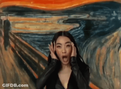 Woman Making Face In Front Of The Scream Painting GIF