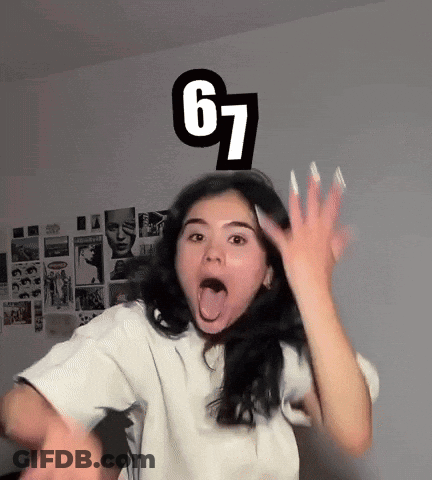 Woman Making Face With Number 67 On Head GIF