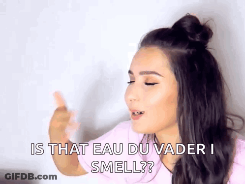 Woman Making Funny Face Asking About Eau Du Vader GIF