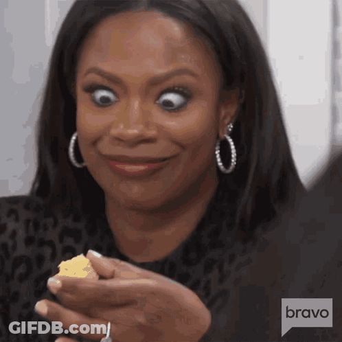Woman Making Funny Face Holding Food Bravo GIF