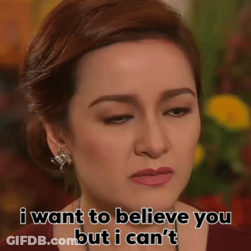 Woman Making Funny Face Saying I Want To Believe You But I Can't GIF