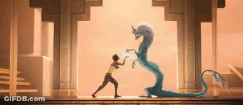 Woman Next To Blue Dragon Standing On Hind Legs GIF