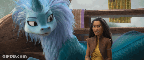 Woman Next To Blue Dragon With Purple Hair GIF