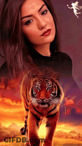 Woman Next To Tiger With Fairy Flying GIF