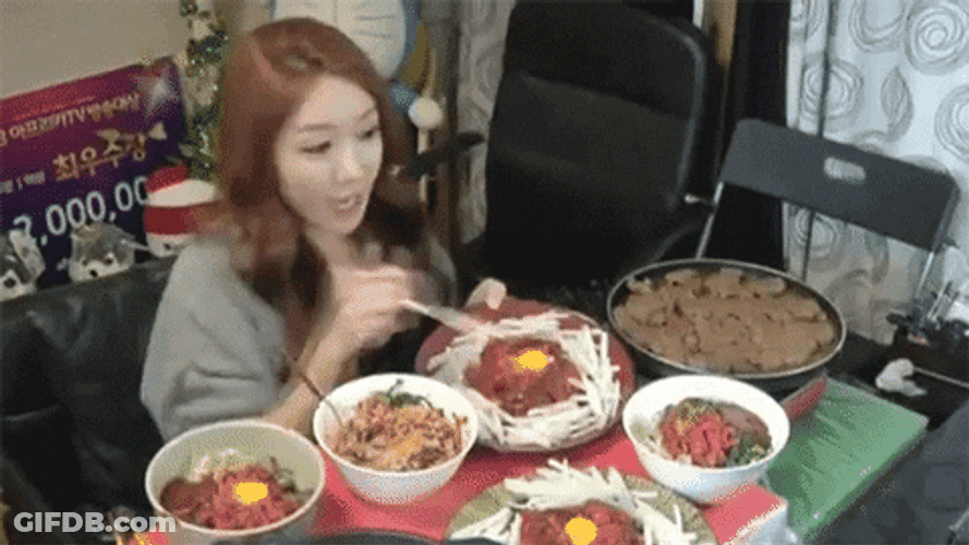 Woman Noodles Mukbang GIF
