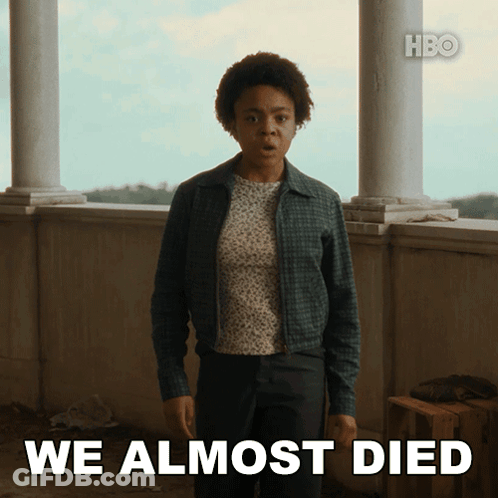 Woman On Balcony Saying We Almost Died GIF