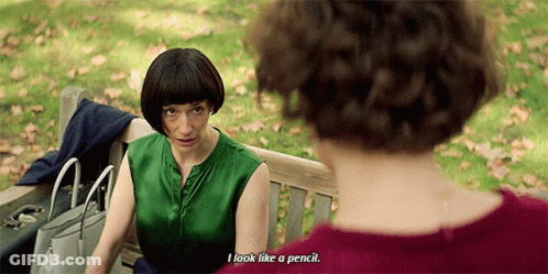Woman On Bench Saying I Look Like A Pencil GIF