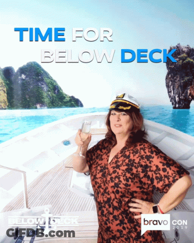 Woman On Boat Holding Wine Saying Time For Below Deck GIF