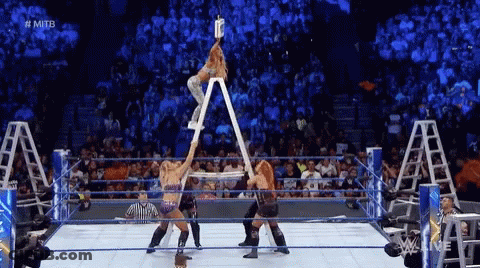 Woman On Ladder In Wrestling Ring Holding Beer GIF