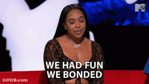 Woman On Red Couch Says We Had Fun We Bonded GIF