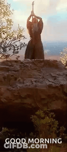 Woman On Rock Holding Guitar And Sword GIF