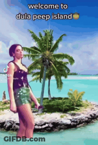 Woman On Small Island With Palm Trees GIF