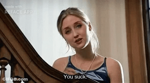 Woman On Stairs Looking In Mirror Saying You Suck GIF