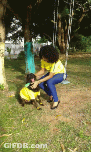 Woman On Swing Next To Dog In Yellow Shirt GIF