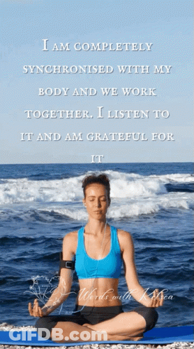 Woman On Yoga Mat In Front Of Ocean With Quote GIF