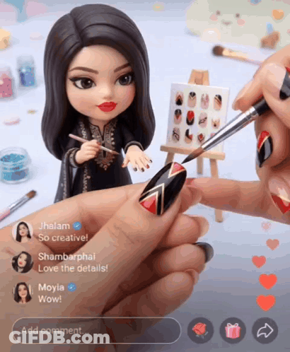 Woman Painting Doll Nails With Brush At Easel GIF