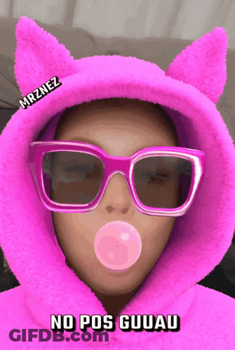 Woman Pink Hoodie Sunglasses Blowing Bubble No Pos Guuru GIF