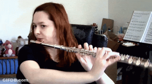 Woman Playing Flute At Sheet Music Stand GIF