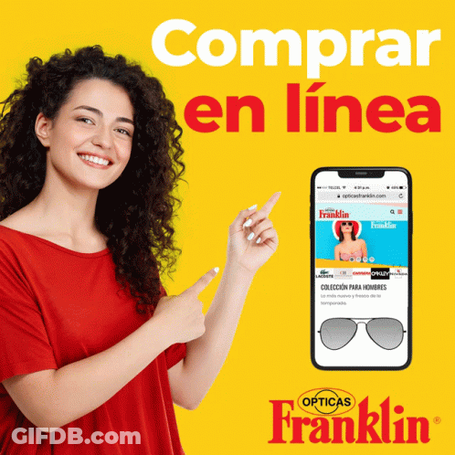 Woman Pointing At Phone Saying Comprar En Línea GIF