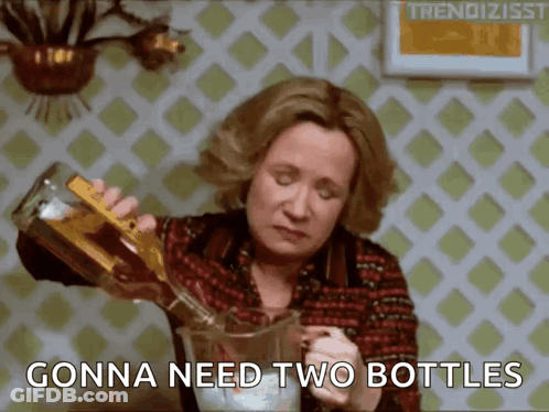 Woman Pouring Drink Into Pitcher Saying Gonna Need Two Bottles GIF