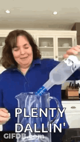 Woman Pouring Vodka Bottle Into Pitcher Saying Plenty Dallin GIF