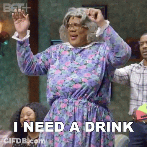 Woman Purple Floral Dress Dancing Says Need Drink GIF