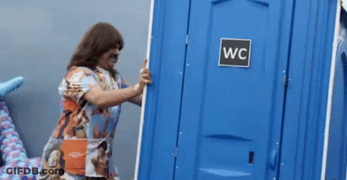 Woman Pushing Blue Portable Toilet Door Open GIF