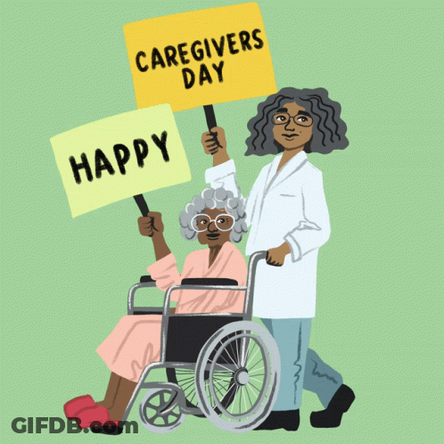 Woman Pushing Elderly Woman In Wheelchair With Caregivers Day Sign GIF