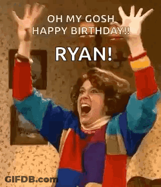 Woman Raising Arms Saying Oh My Gosh Happy Birthday Ryan GIF