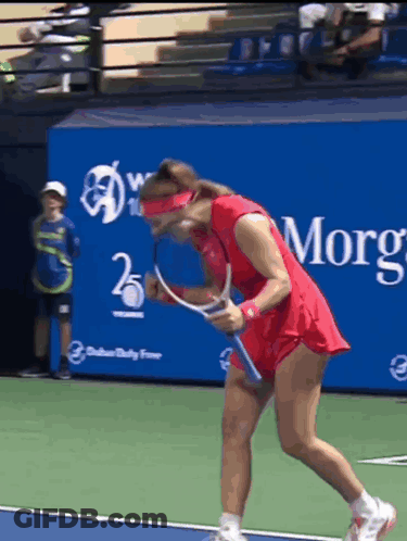 Woman Red Dress Holding Racquet Court Morning Sign GIF