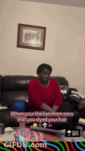 Woman Red Shirt Couch Haitian Mom Sees Dyed Hair GIF
